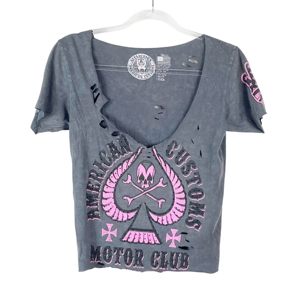 Affliction Women's Gray Pink NEW Distressed T Shirt Deadstock Size Small ACMC